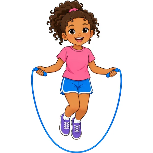 Clipart of a happy girl with curly hair jumping rope