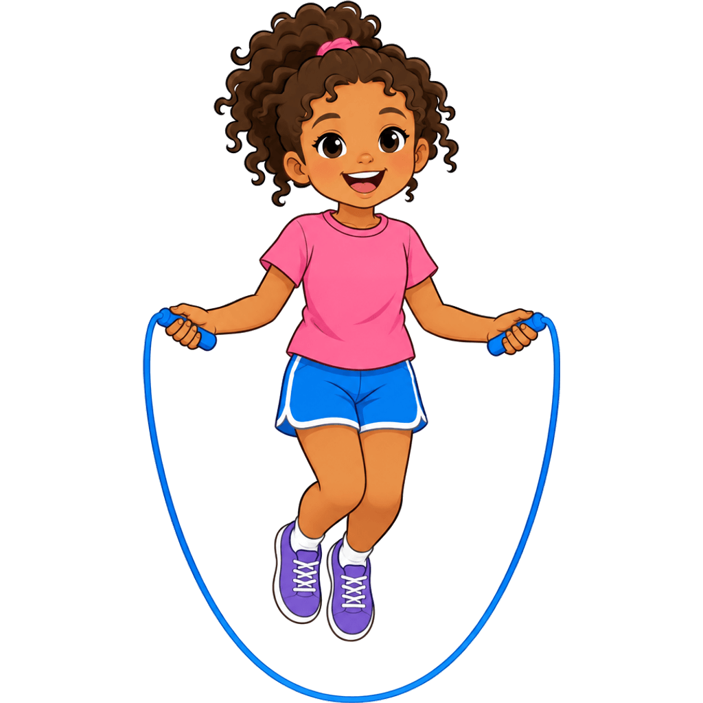 Clipart of a happy girl with curly hair jumping rope