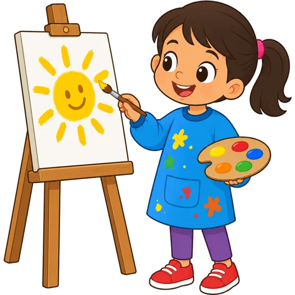 Clipart of a child in a smock painting a sun at an easel