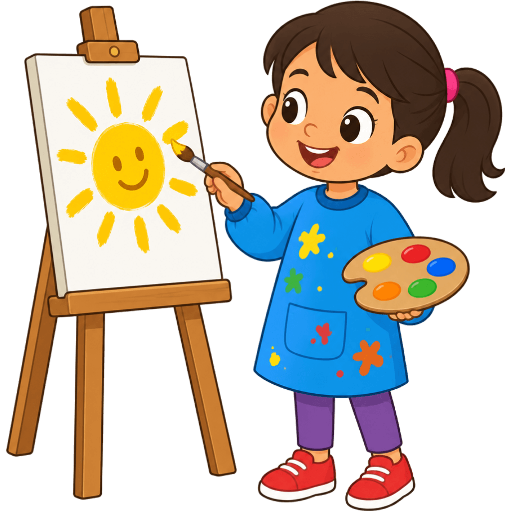 Clipart of a child in a smock painting a sun at an easel