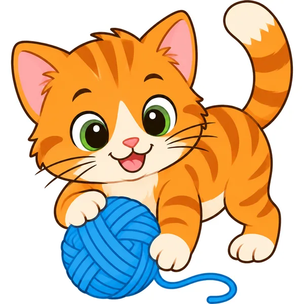 Clipart of a cute orange kitten playing with a blue ball of yarn