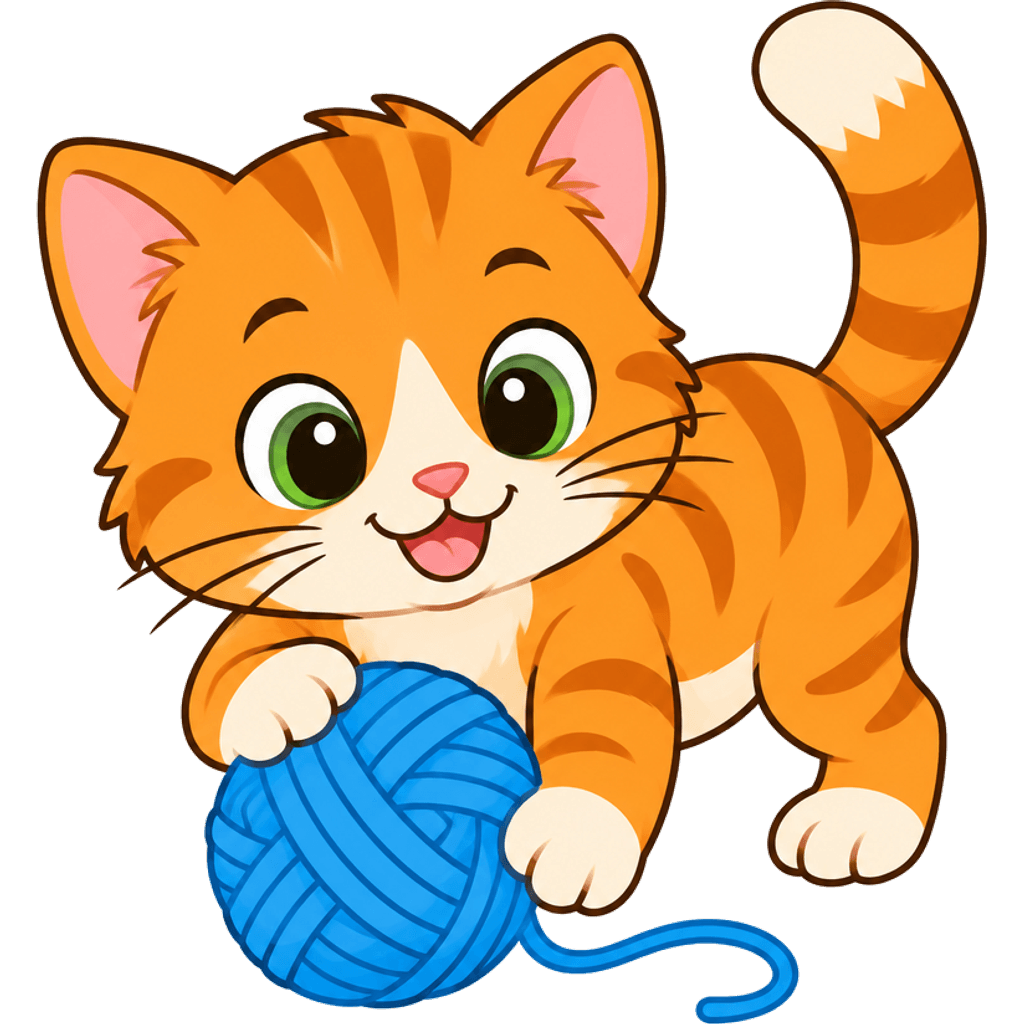 Clipart of a cute orange kitten playing with a blue ball of yarn