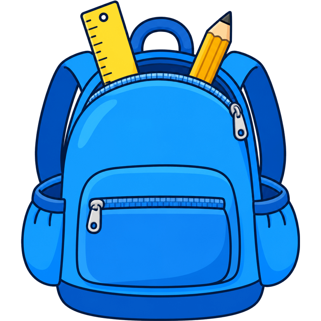 Clipart of a bright blue school backpack with a ruler and pencil sticking out