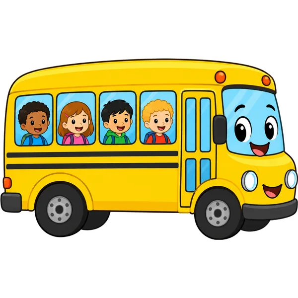 Clipart of a cute yellow school bus with a smiling front and kids at the windows
