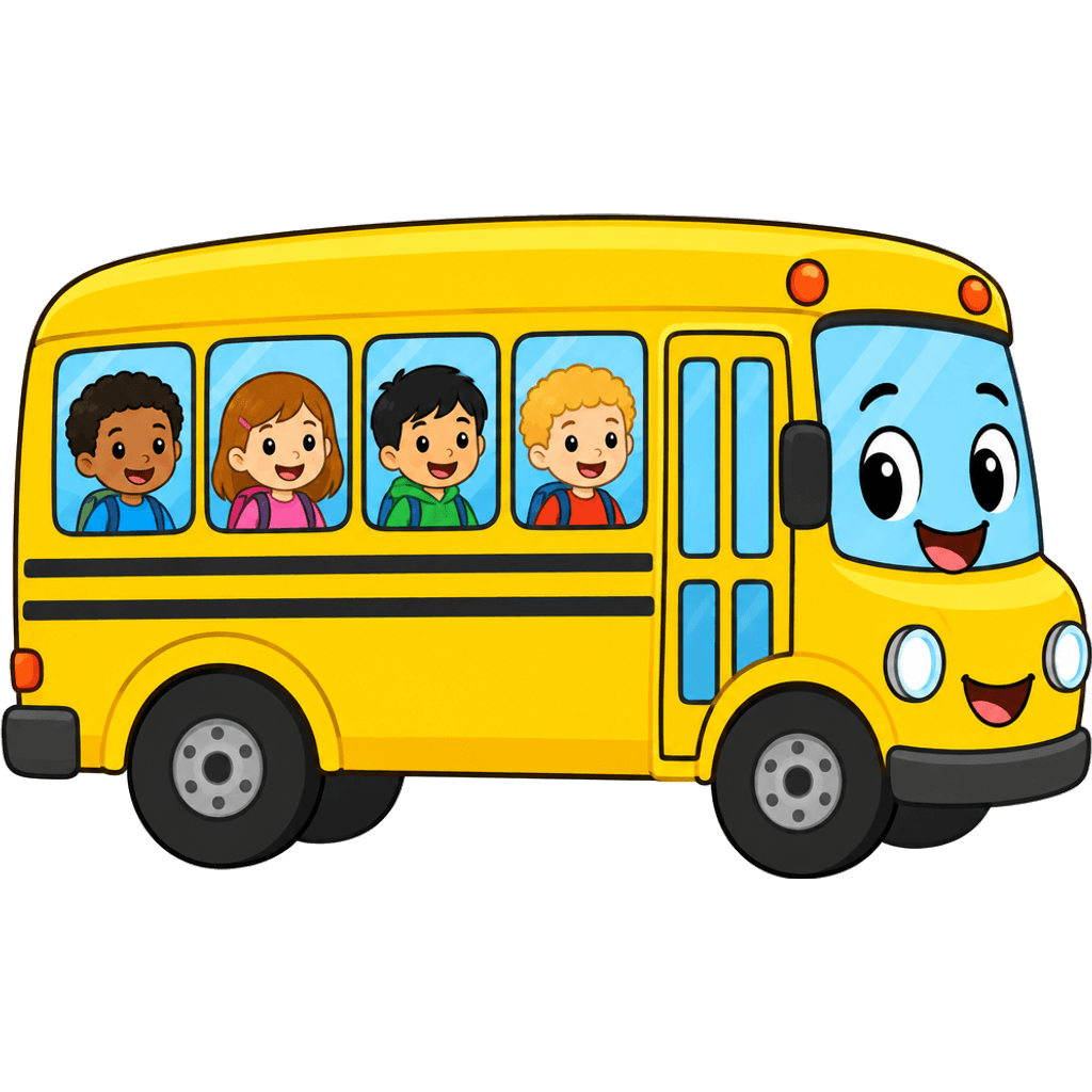 Clipart of a cute yellow school bus with a smiling front and kids at the windows