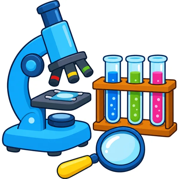 Clipart of a microscope, a rack of colorful test tubes and a magnifying glass