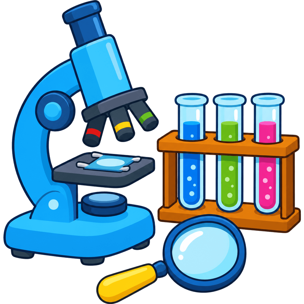 Clipart of a microscope, a rack of colorful test tubes and a magnifying glass