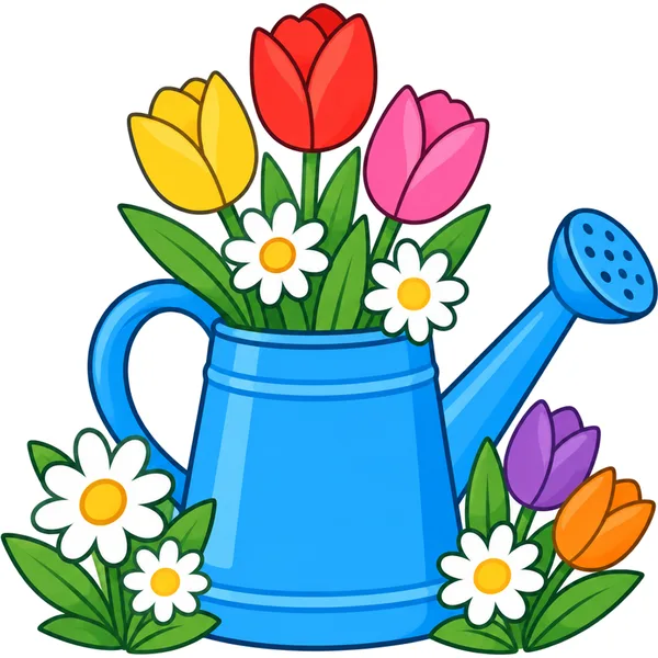 Clipart of a blue watering can holding tulips and daisies with flowers around it