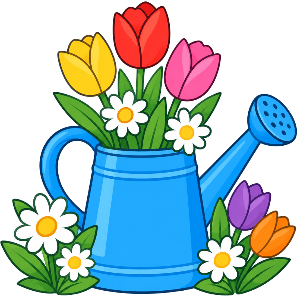 Clipart of a blue watering can holding tulips and daisies with flowers around it