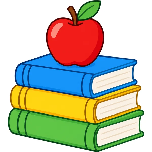 Clipart of a stack of three colorful books with a red apple on top
