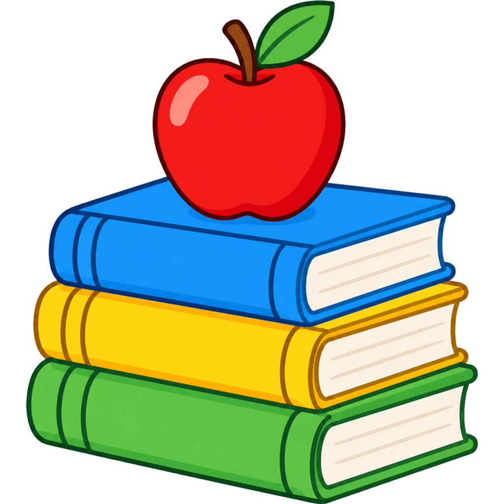 Clipart of a stack of three colorful books with a red apple on top