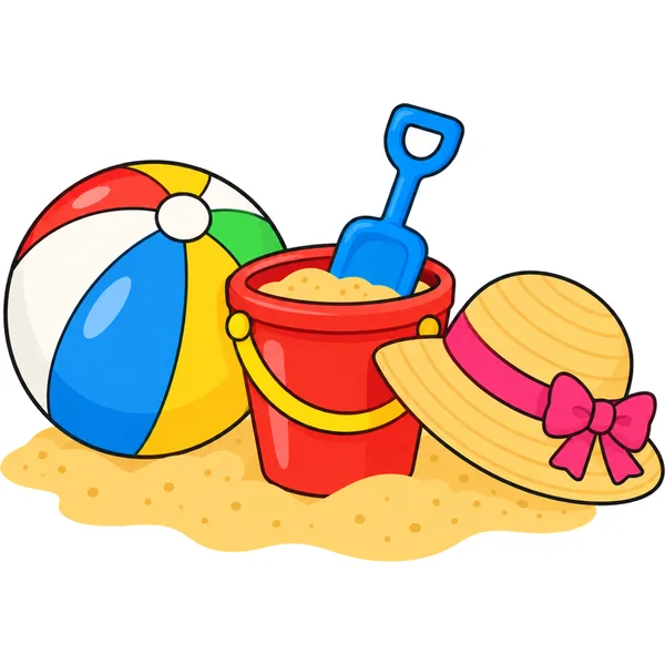 Clipart of a beach ball, sand bucket, spade and sun hat