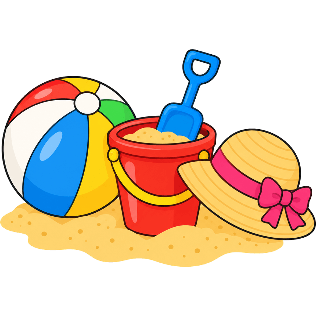Clipart of a beach ball, sand bucket, spade and sun hat
