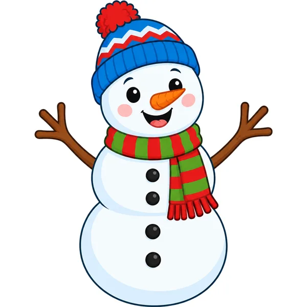 Clipart of a happy snowman in a knitted hat and striped scarf