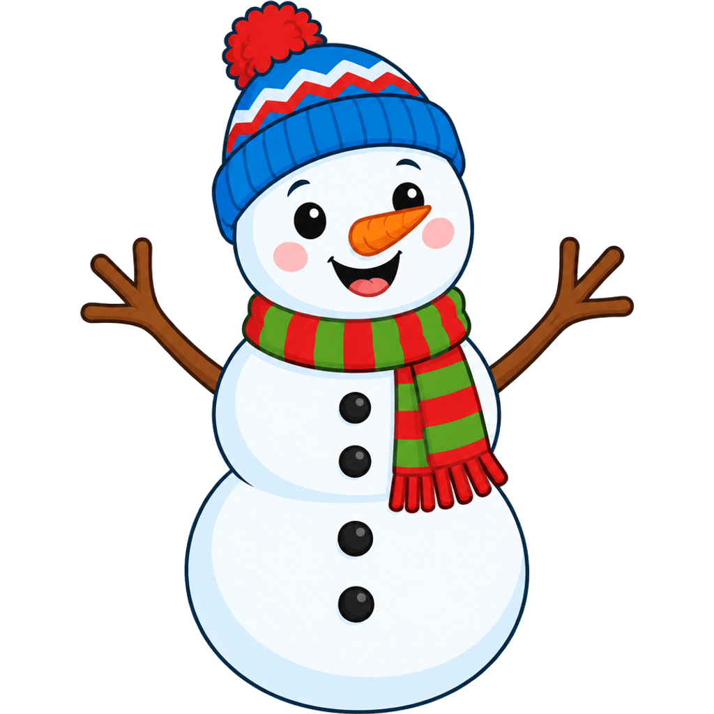 Clipart of a happy snowman in a knitted hat and striped scarf