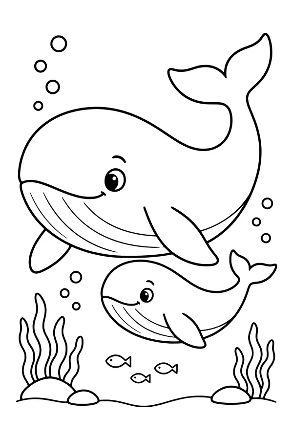 Coloring page of a large whale and a small calf swimming together below the surface
