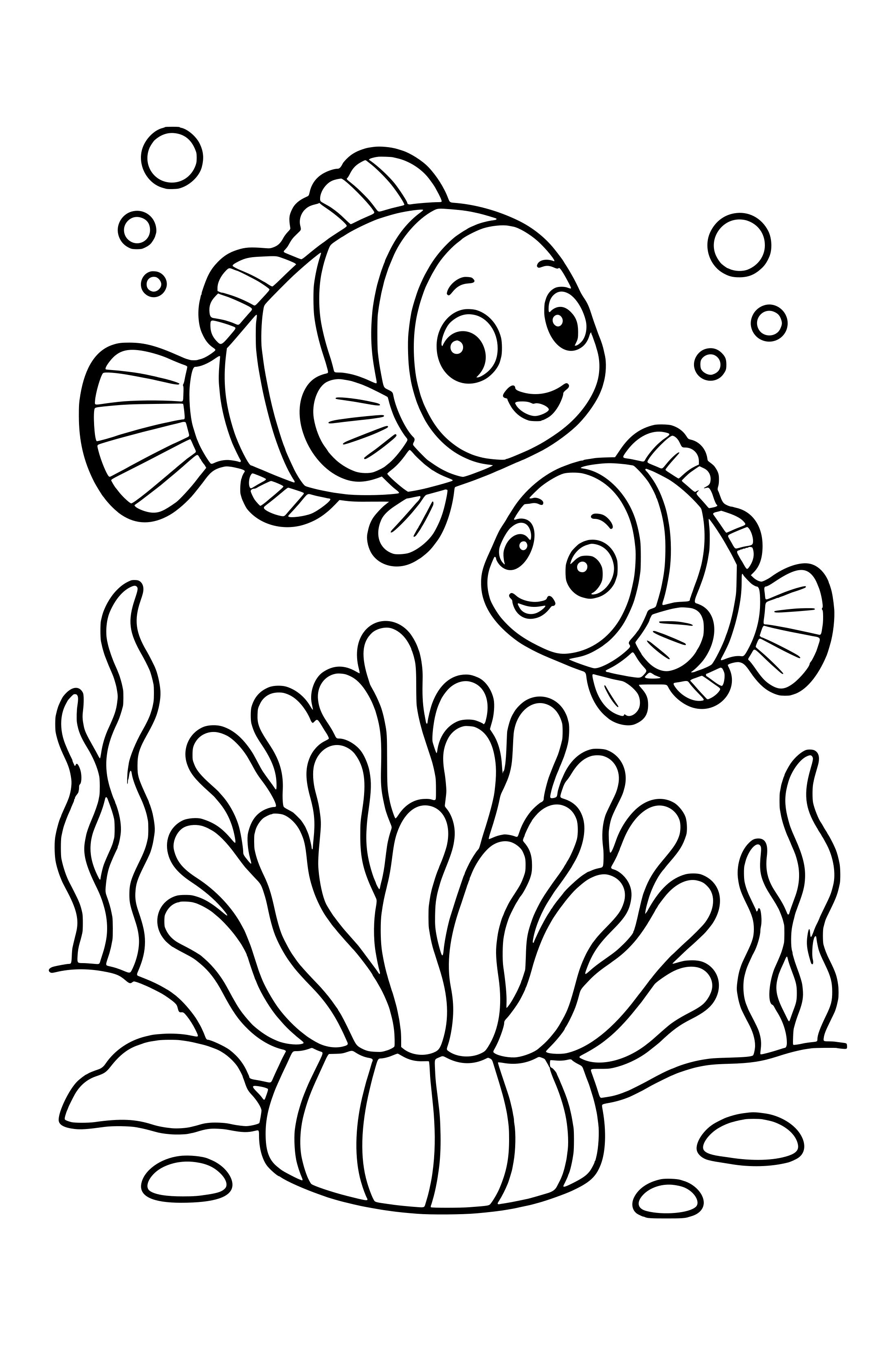 Coloring page of two clownfish swimming above a sea anemone with rounded tentacles