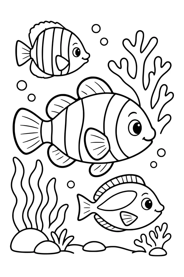 Coloring page of three different reef fish swimming among branching coral and sea plants