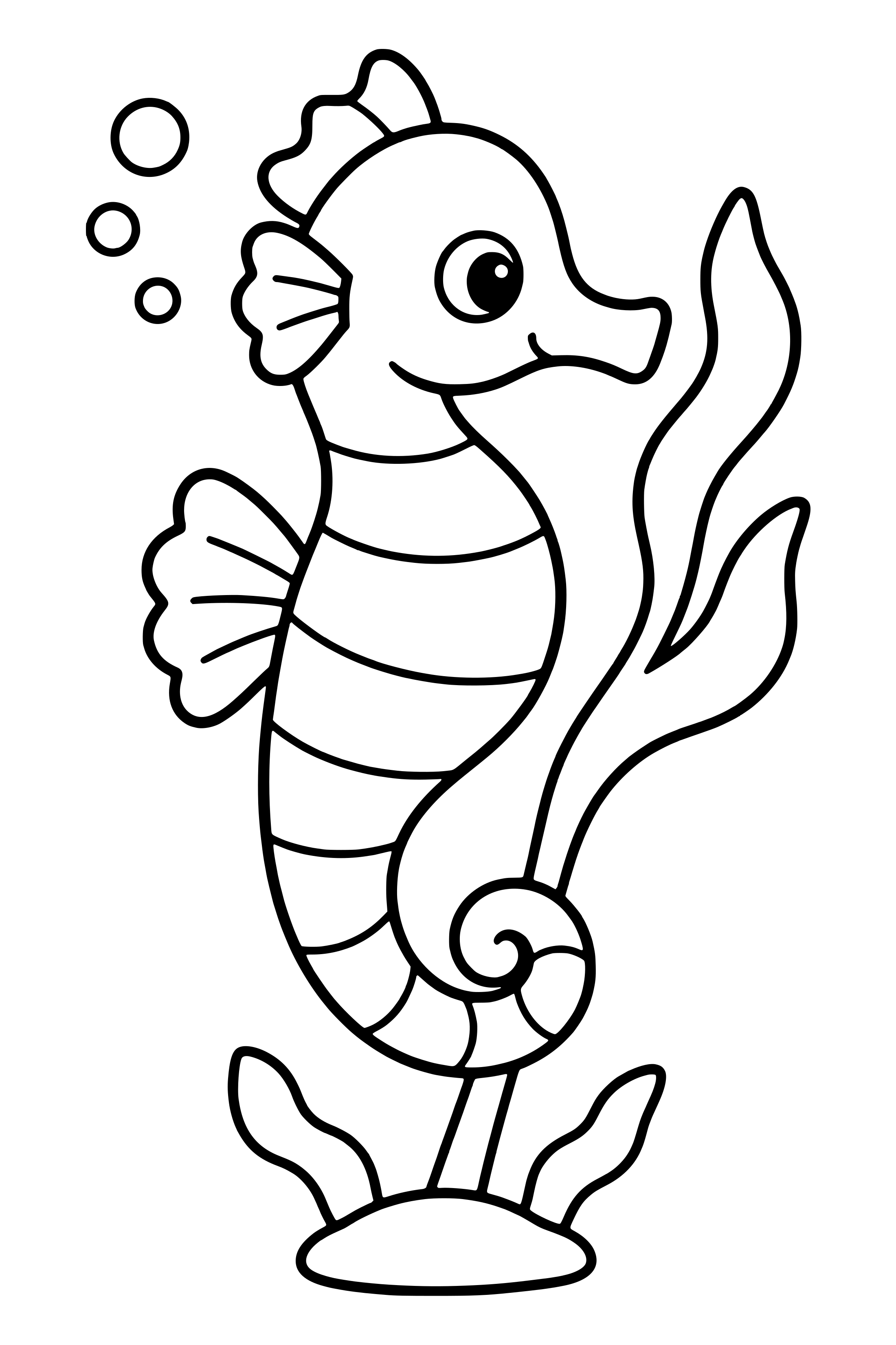 Coloring page of a seahorse with a curled tail holding a stem of seaweed