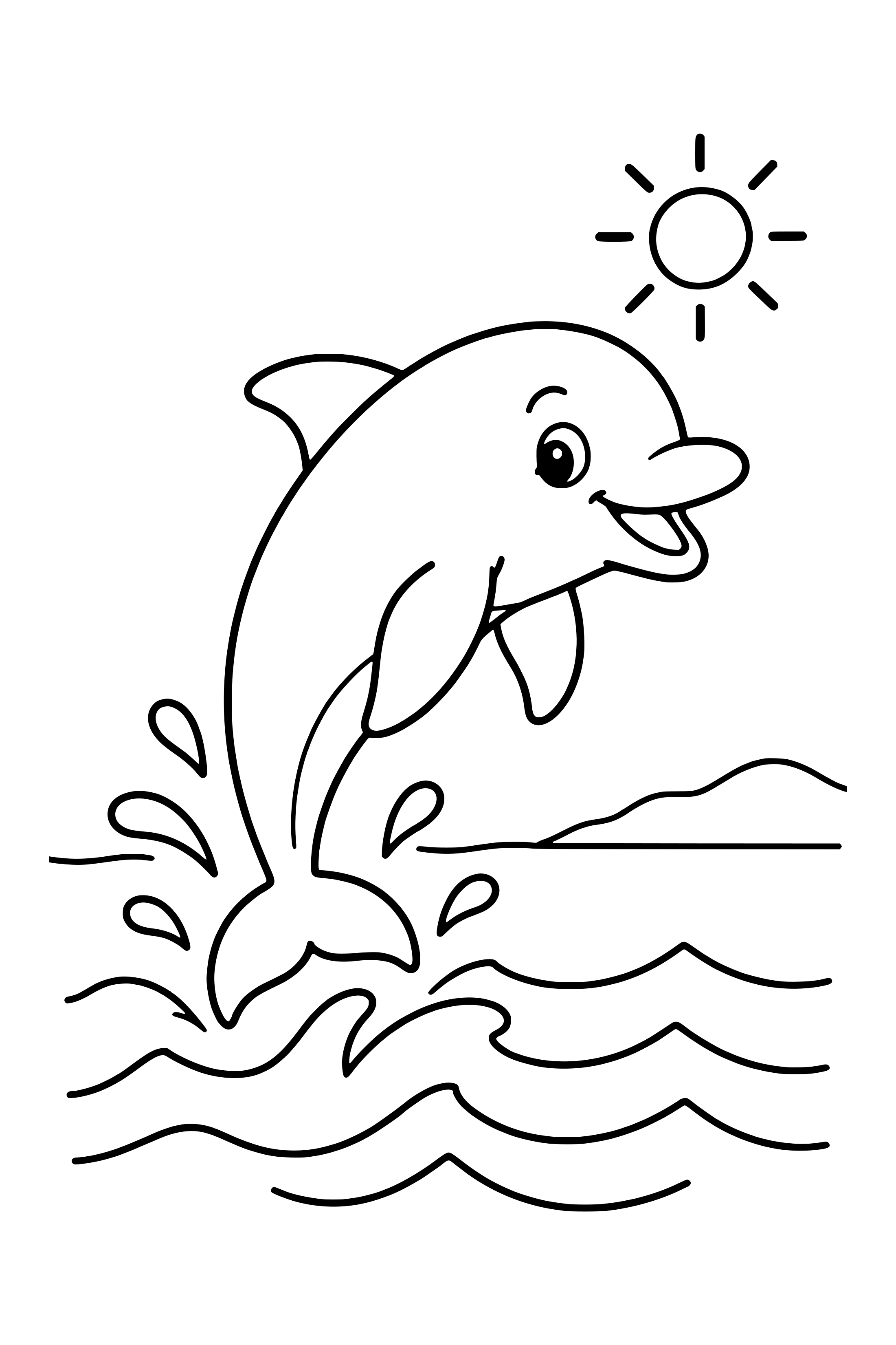 Coloring page of a dolphin leaping above rolling waves with a distant sun