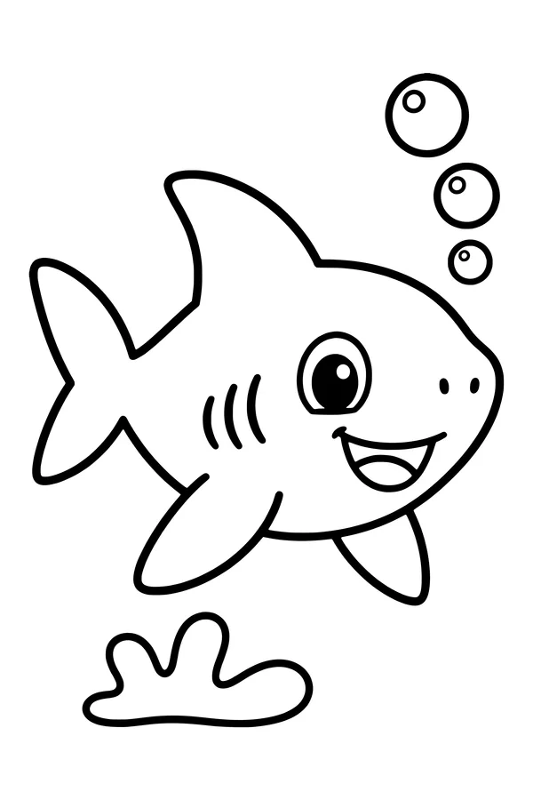 Coloring page of a small friendly shark swimming beside a few bubbles