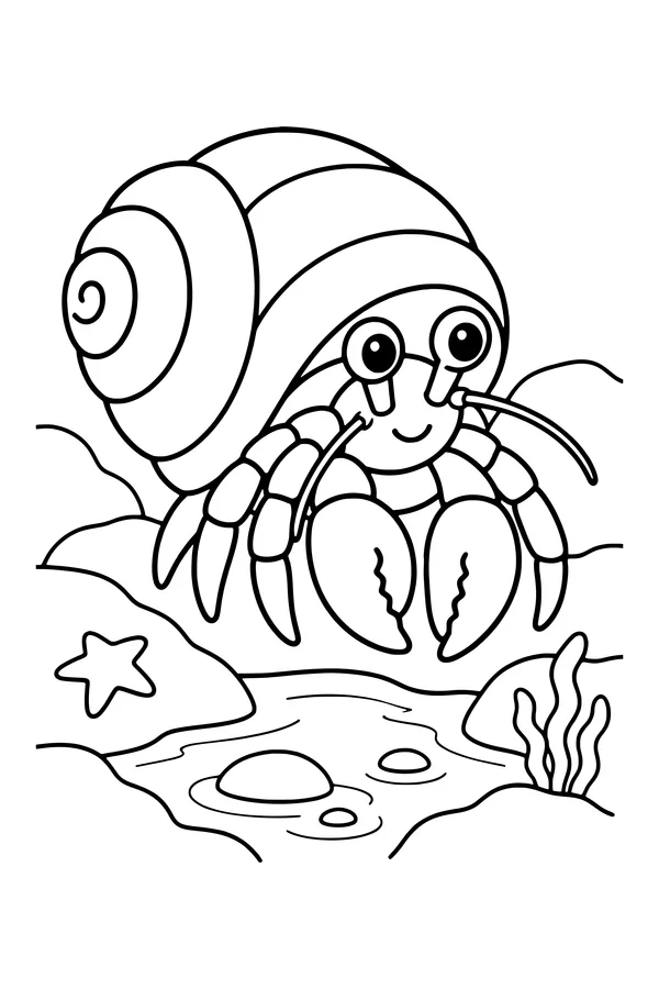 Coloring page of a hermit crab peeking from a spiral shell beside a rock pool
