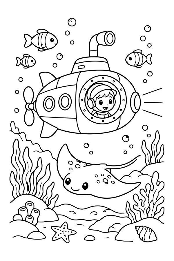 Coloring page of a small research submarine above a seabed with a ray, rocks and seaweed
