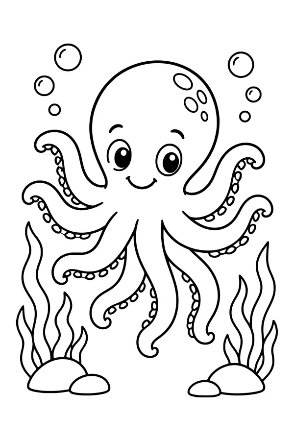 Coloring page of an octopus with eight arms among seaweed and a few rounded rocks