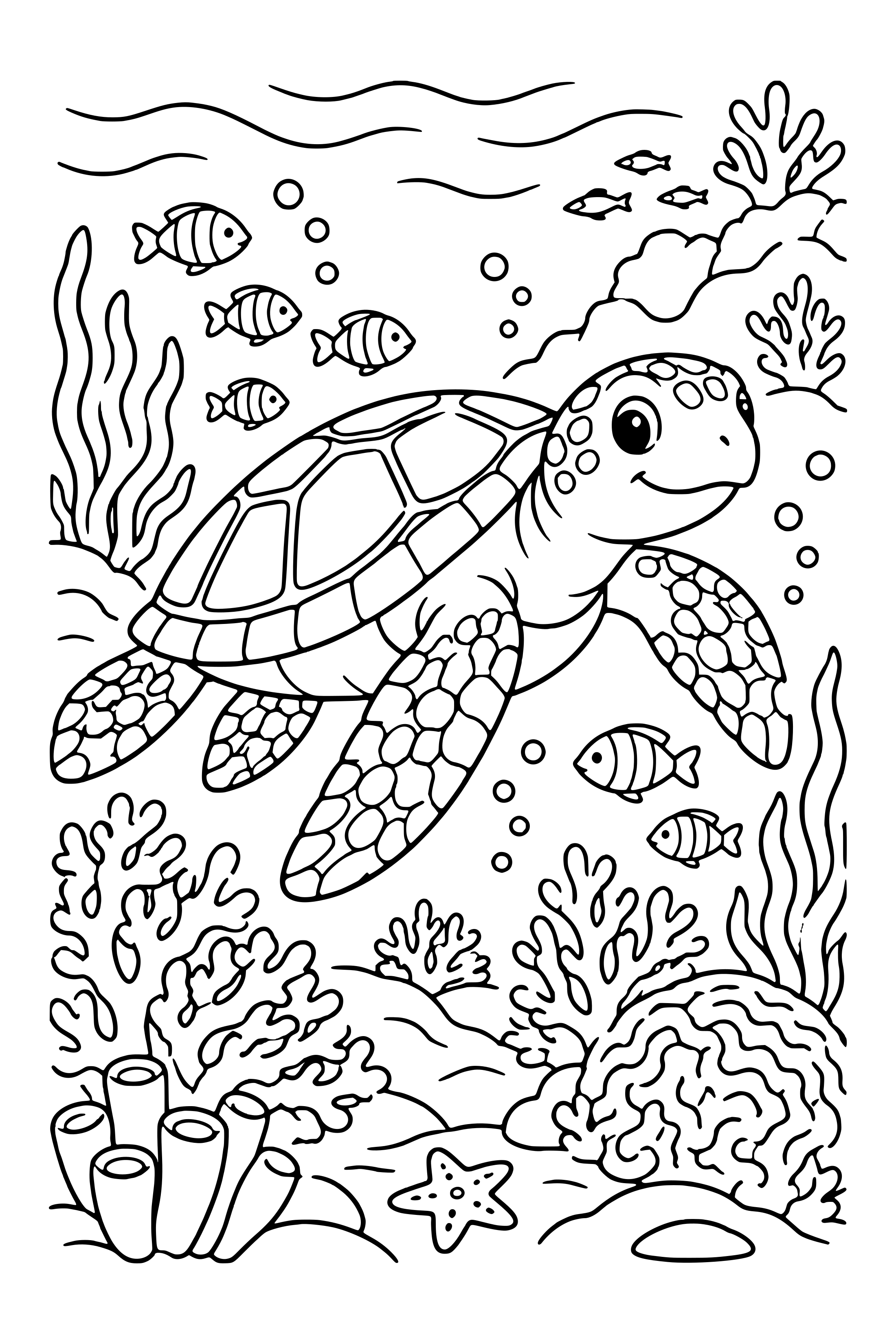 Coloring page of a large sea turtle crossing an underwater reef full of corals and small fish