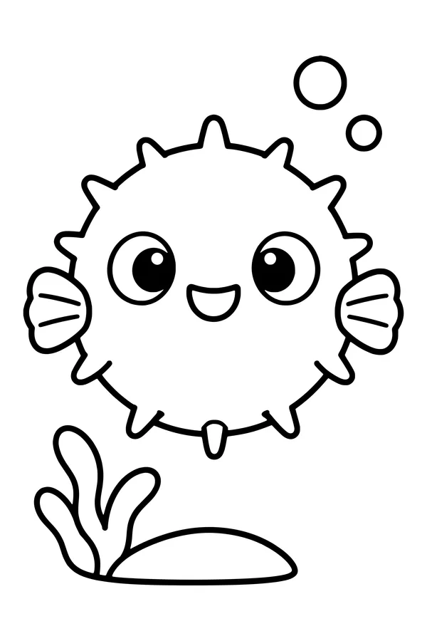 Coloring page of a round friendly pufferfish with short blunt spines and small fins