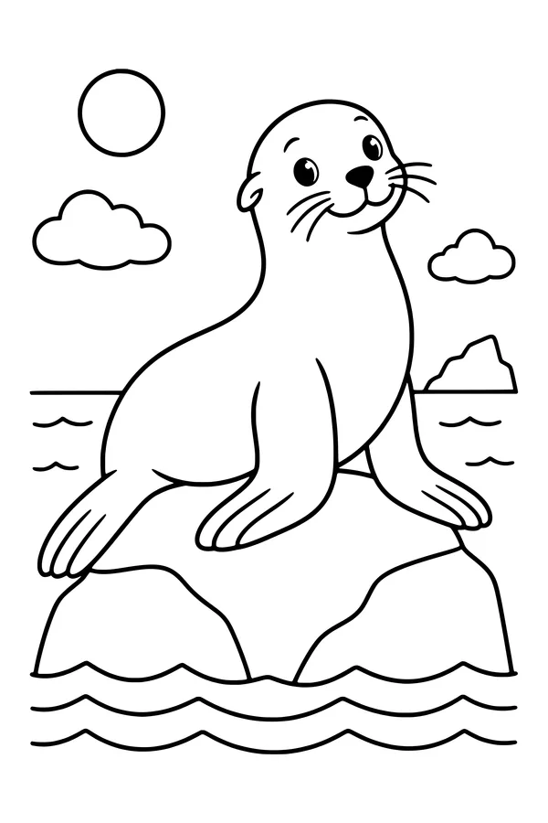 Coloring page of a sea lion resting on a broad rock with waves below