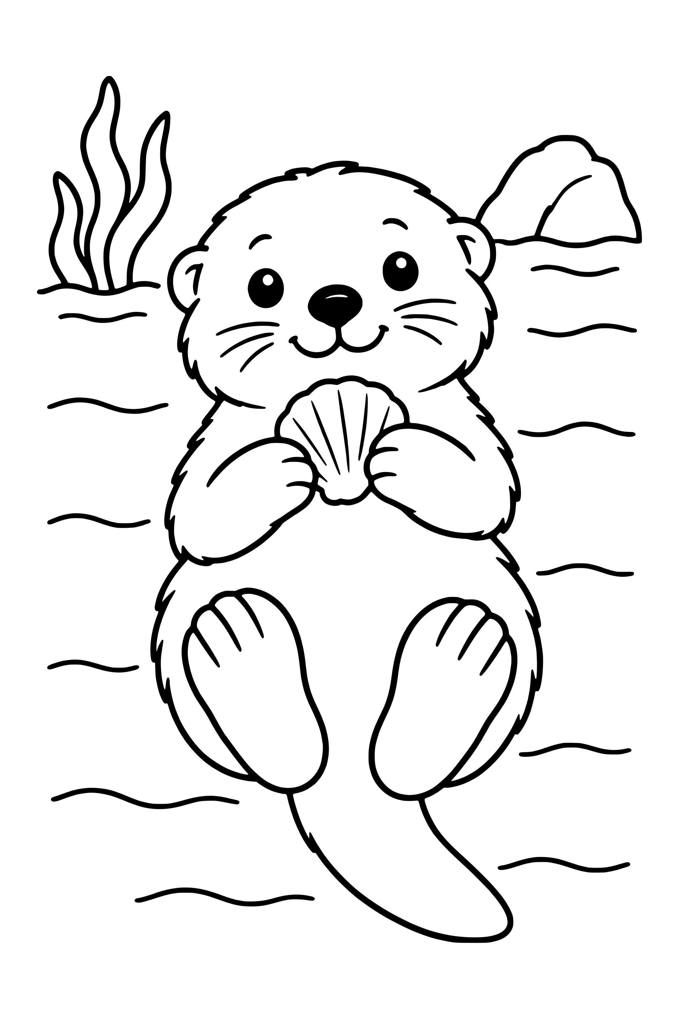 Coloring page of a sea otter floating on its back holding a shell at its chest