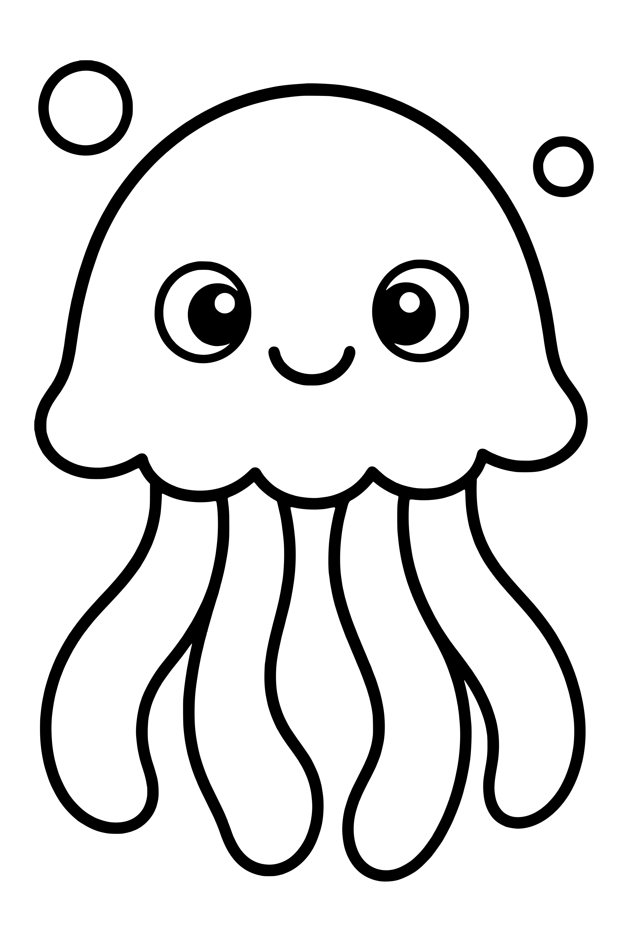 Coloring page of a rounded jellyfish with a few broad flowing tentacles