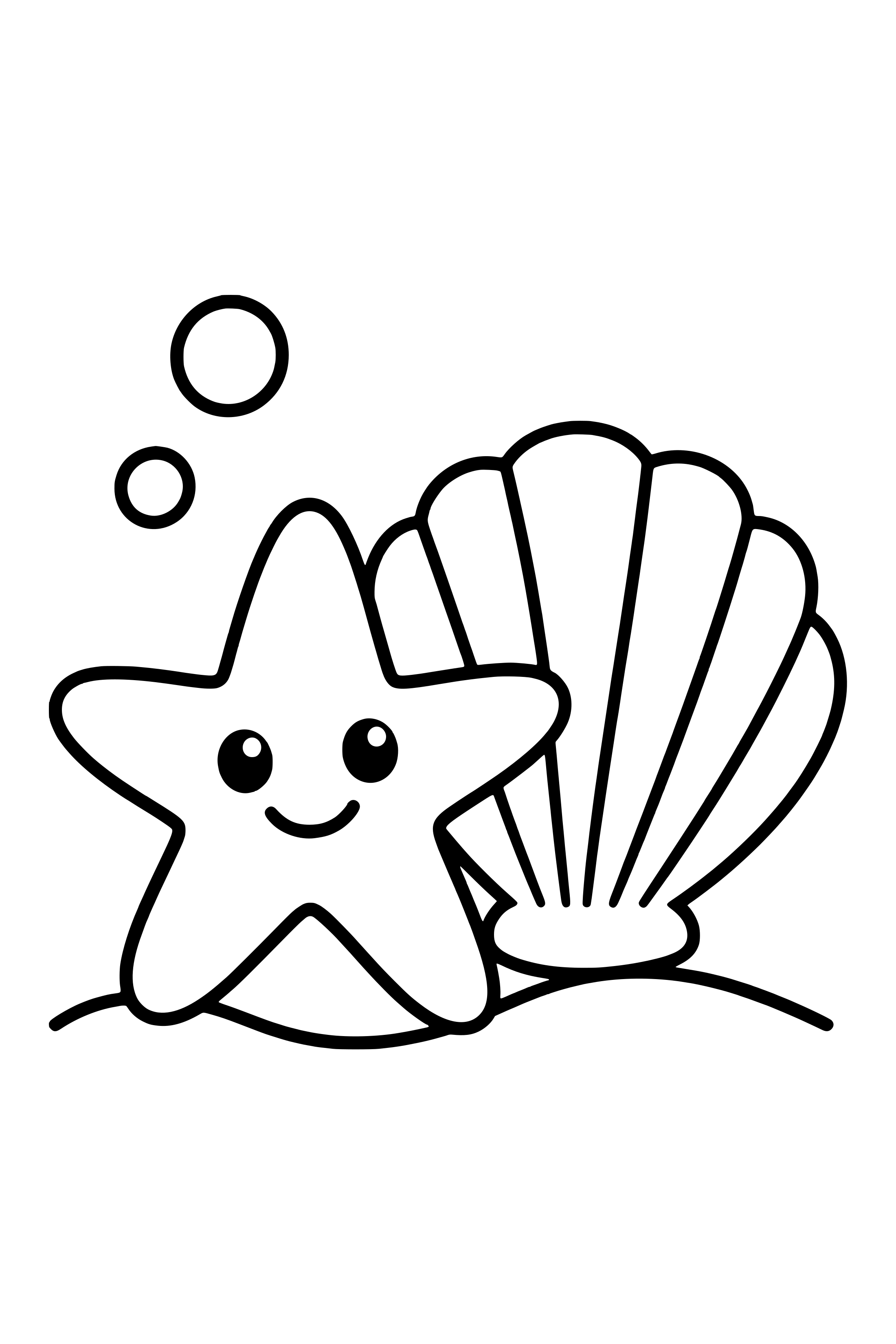 Coloring page of a five-armed sea star beside a large scallop shell