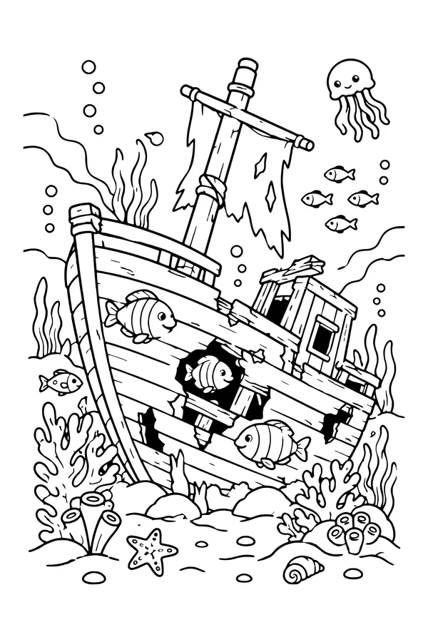 Coloring page of a small old wooden shipwreck with fish swimming through it and coral nearby