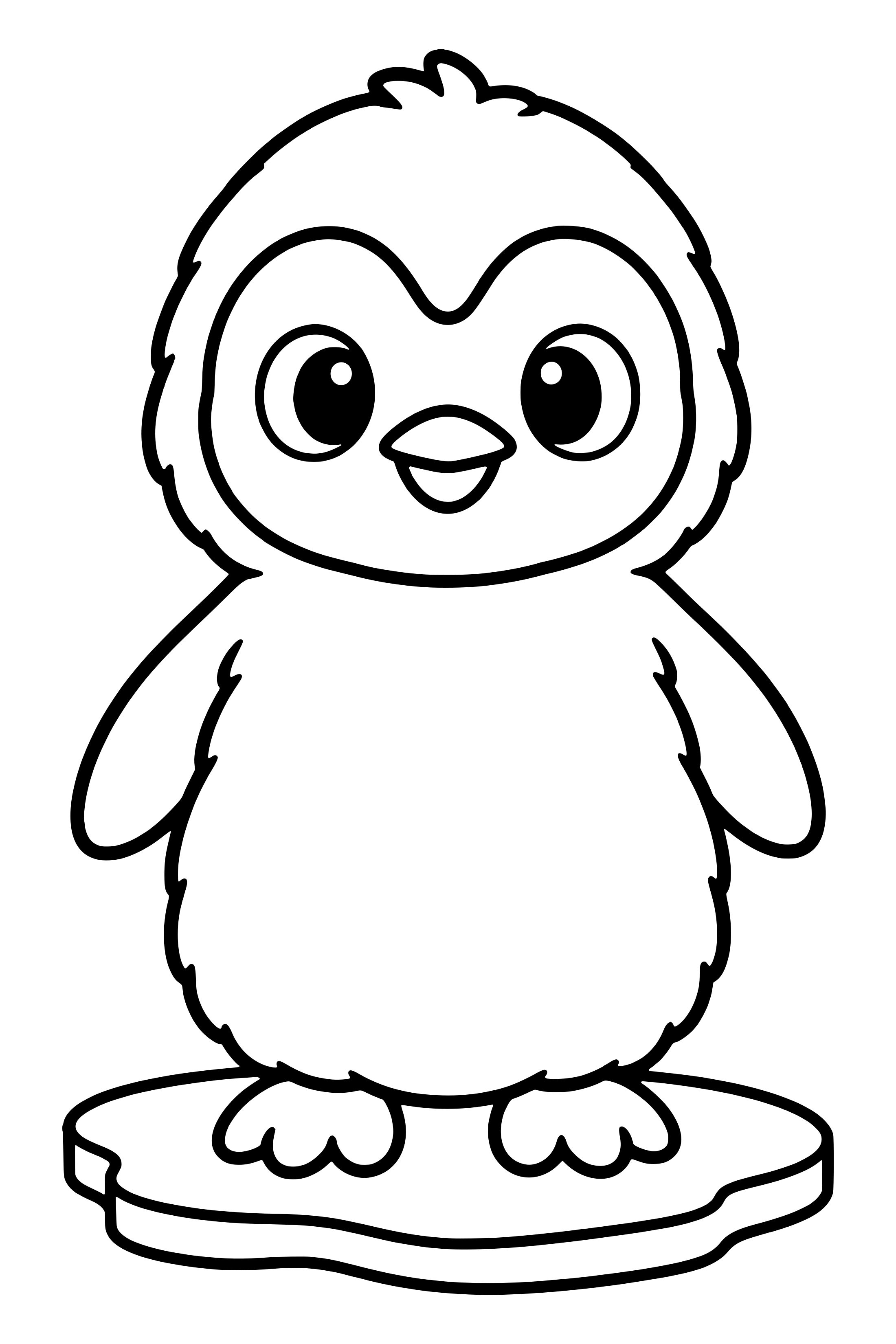 Coloring page of a fluffy baby penguin chick standing on the ice