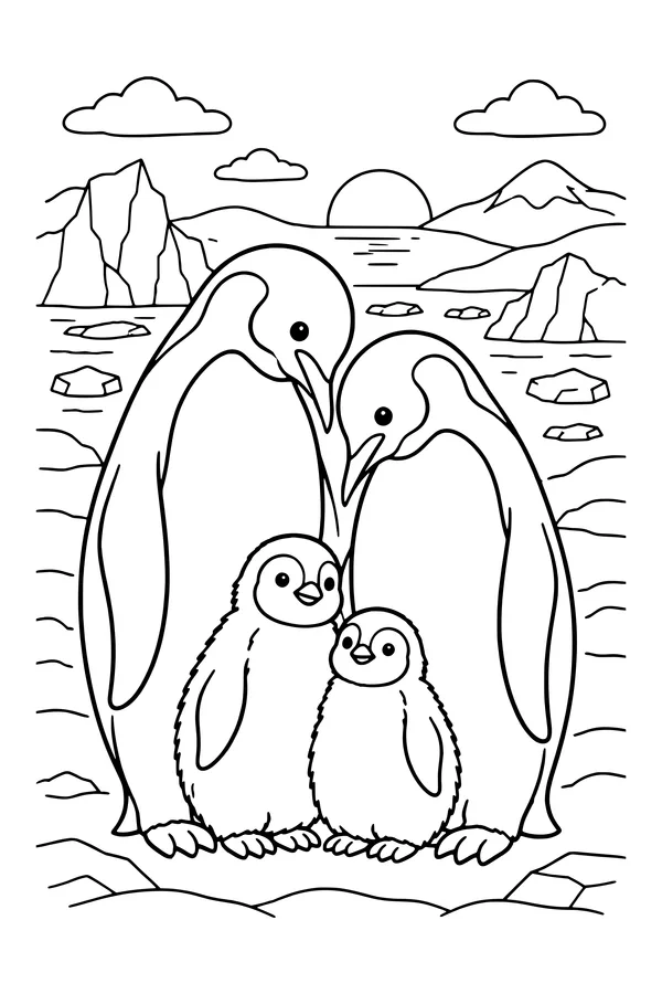 Coloring page of two emperor penguins and two chicks on the ice, with icebergs and a low sun behind