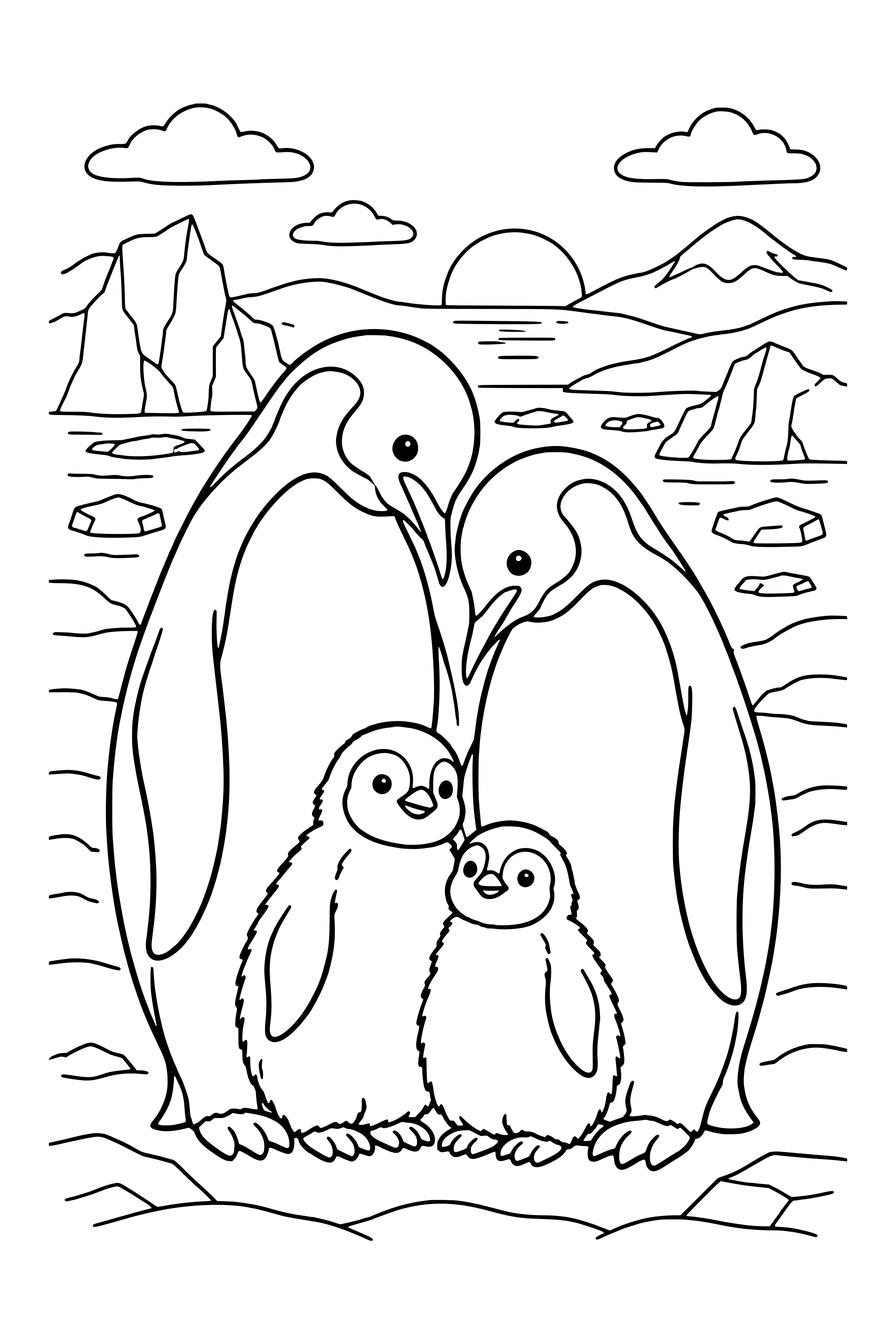 Coloring page of two emperor penguins and two chicks on the ice, with icebergs and a low sun behind