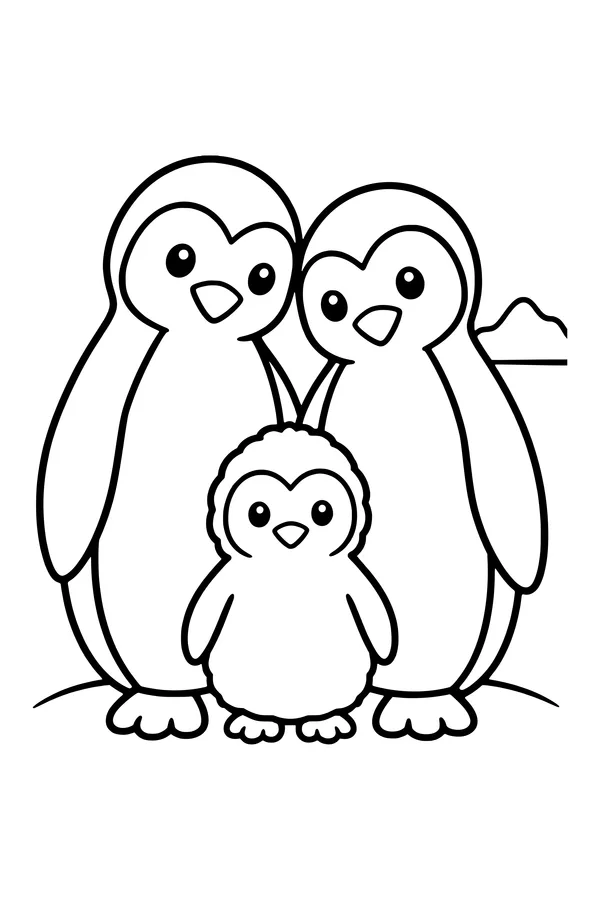 Coloring page of two penguin parents and a fluffy chick standing together on the ice