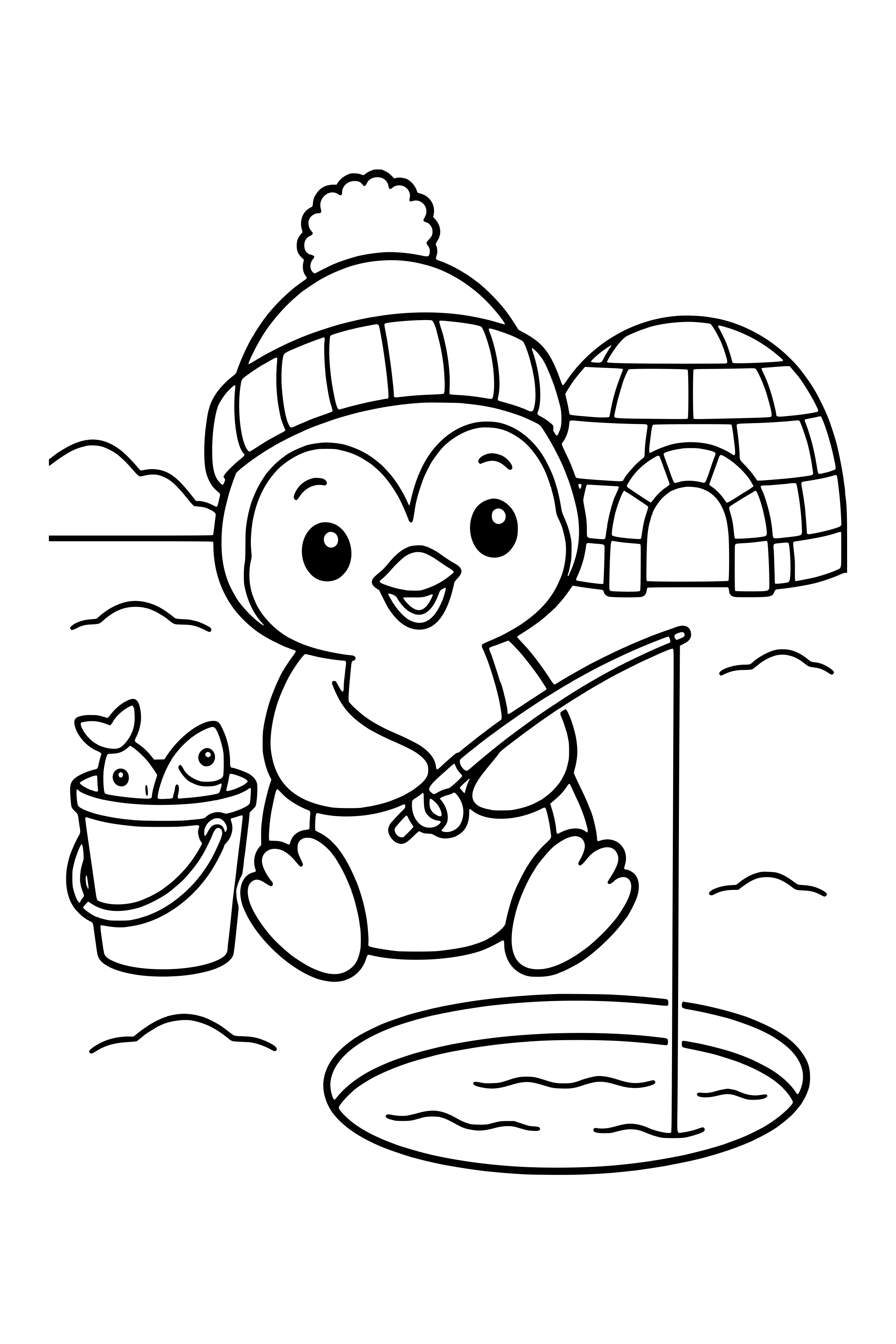 Coloring page of a penguin in a knitted hat fishing through a hole in the ice by an igloo