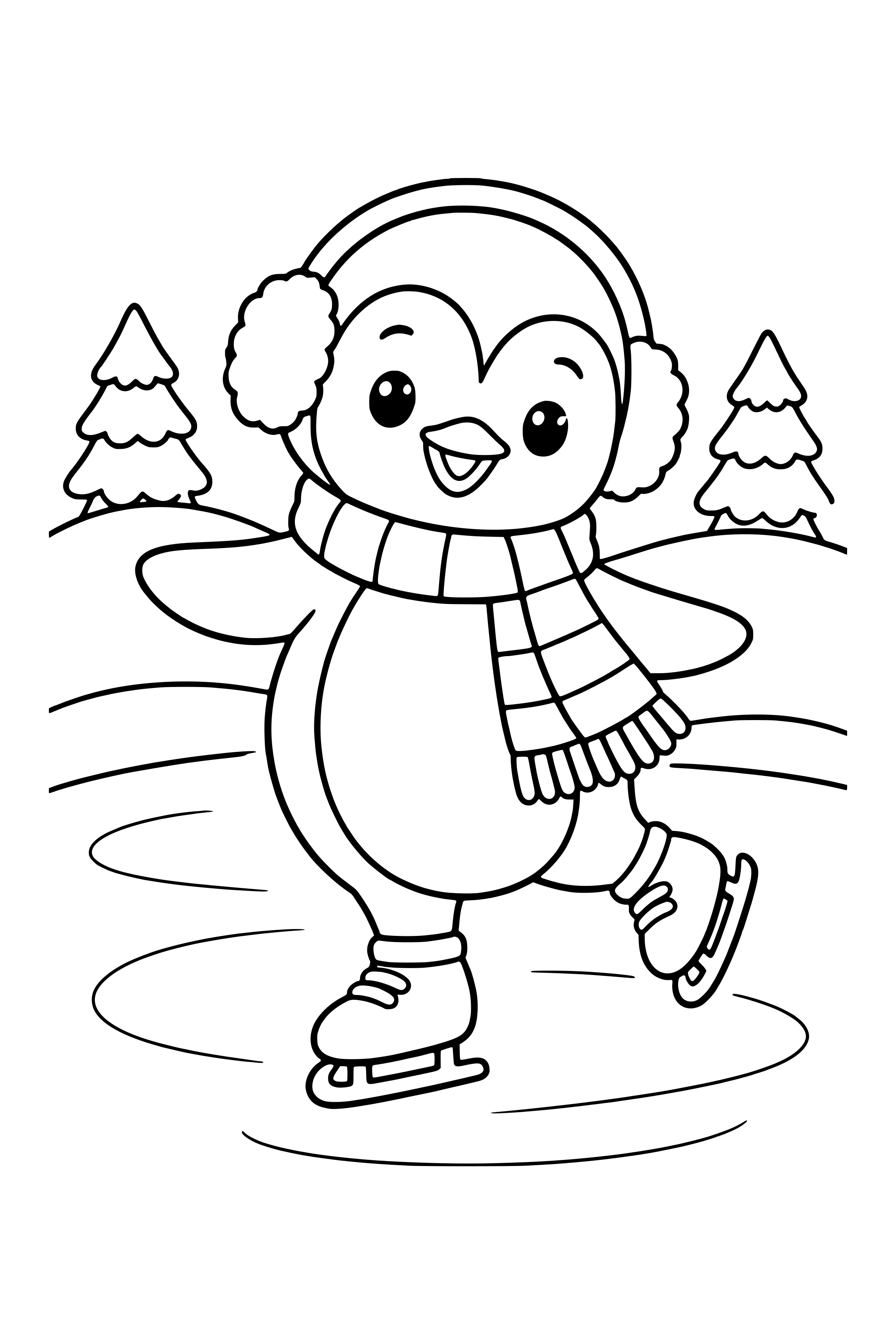 Coloring page of a penguin in a scarf and earmuffs ice skating on a frozen pond