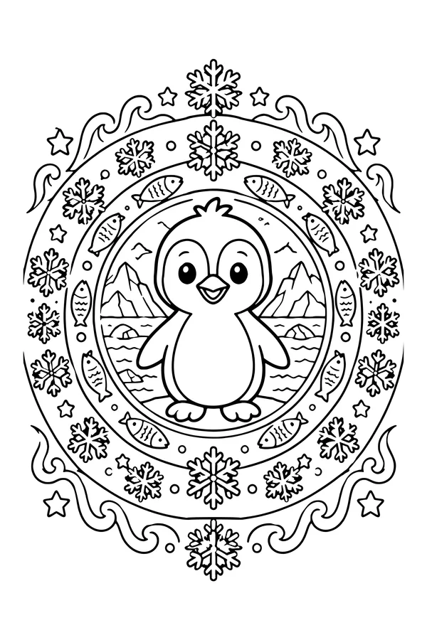 Coloring page of a penguin in the center of an oval mandala of snowflakes, fish and waves