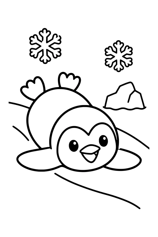 Coloring page of a happy penguin sliding down a snowy slope on its belly