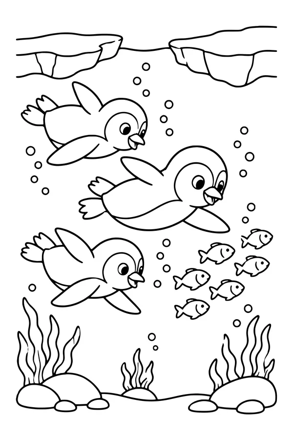 Coloring page of three penguins swimming underwater after a school of fish