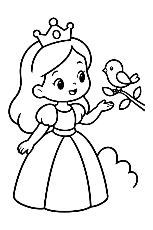 Coloring page of an original princess holding out a hand toward a small bird on a branch