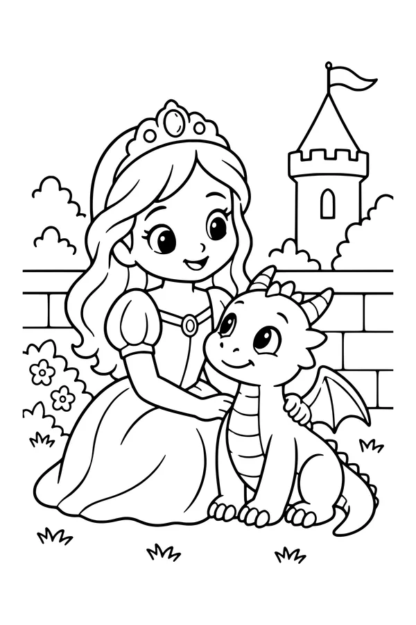 Coloring page of an original princess and a gentle little dragon sitting beside a castle garden wall