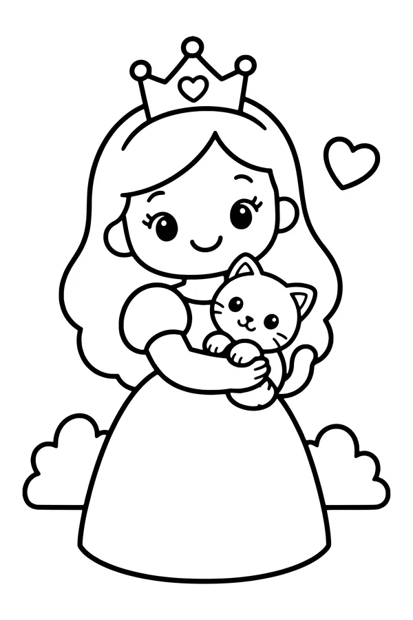 Coloring page of an original princess in a simple dress gently holding a small kitten