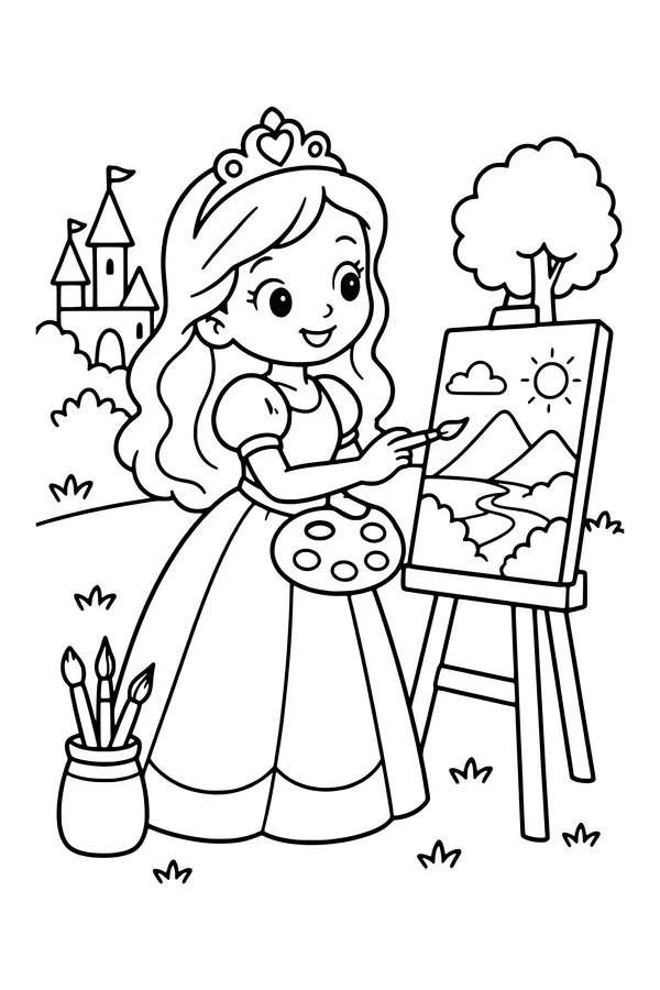 Coloring page of an original princess painting a landscape on an easel beside brushes and a palette