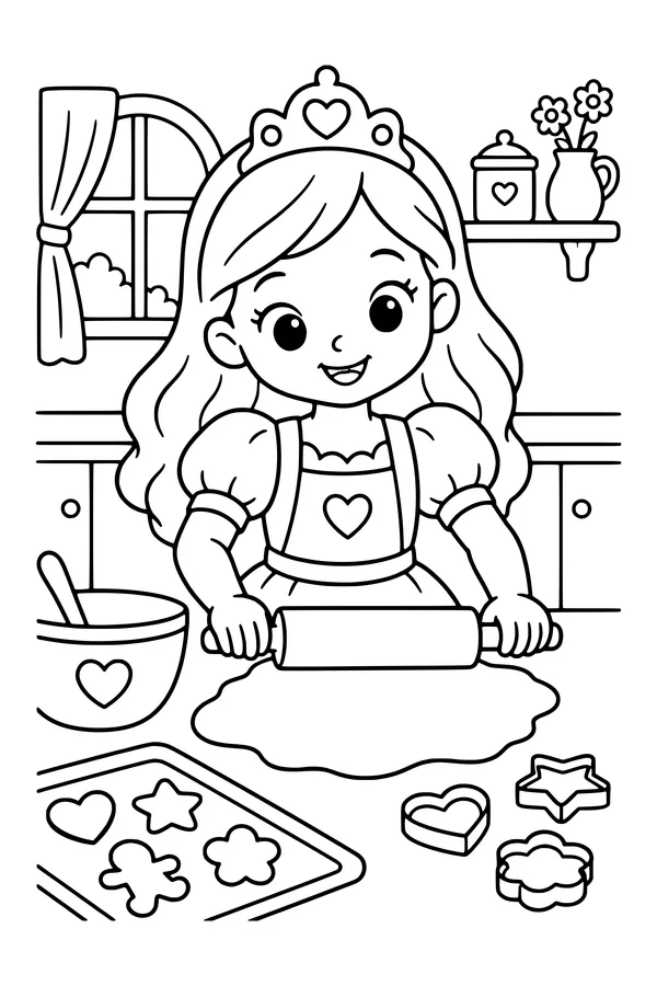 Coloring page of an original princess rolling dough at a kitchen table with a bowl and shaped biscuits