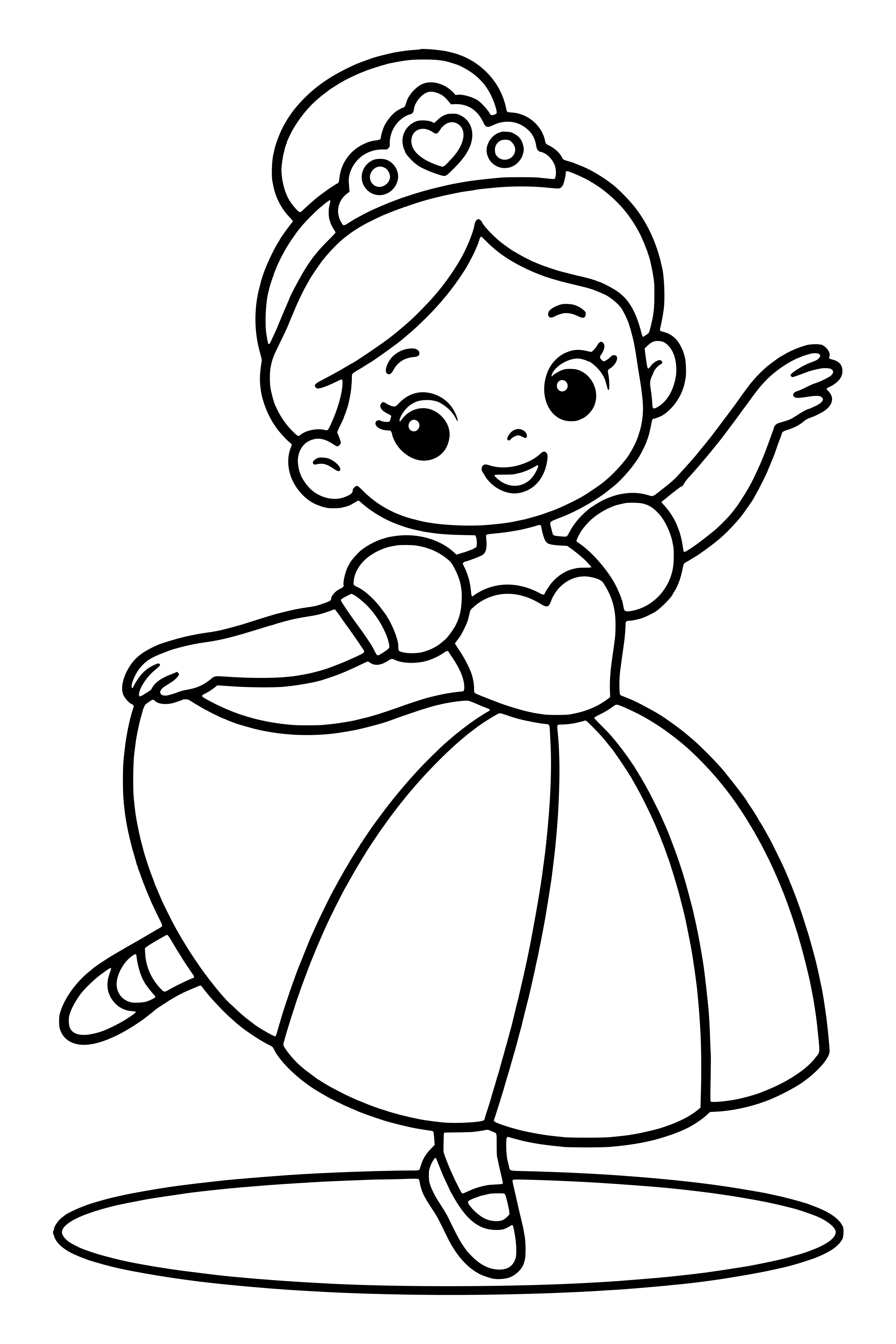 Coloring page of an original princess wearing a broad skirt practicing a simple dance pose